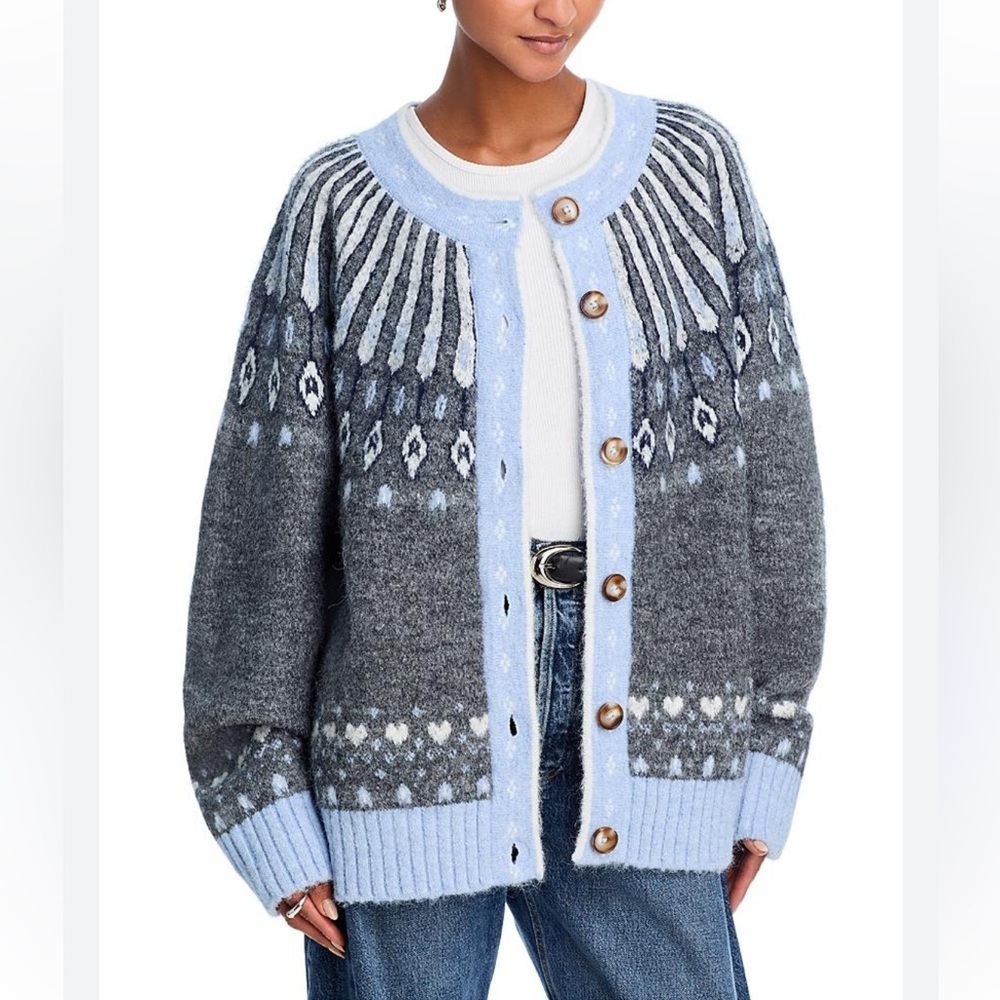 NWT Blank NYC Fair Isle Hot Take Chunky Knit Cardigan Sweater Grey Combo Size M